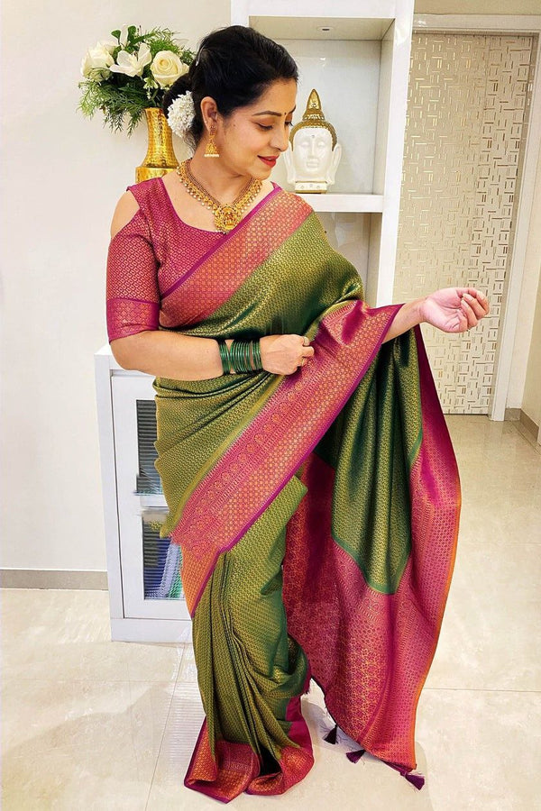 Party Wear Mehndi Green Color Coper Jari Design Silk Saree