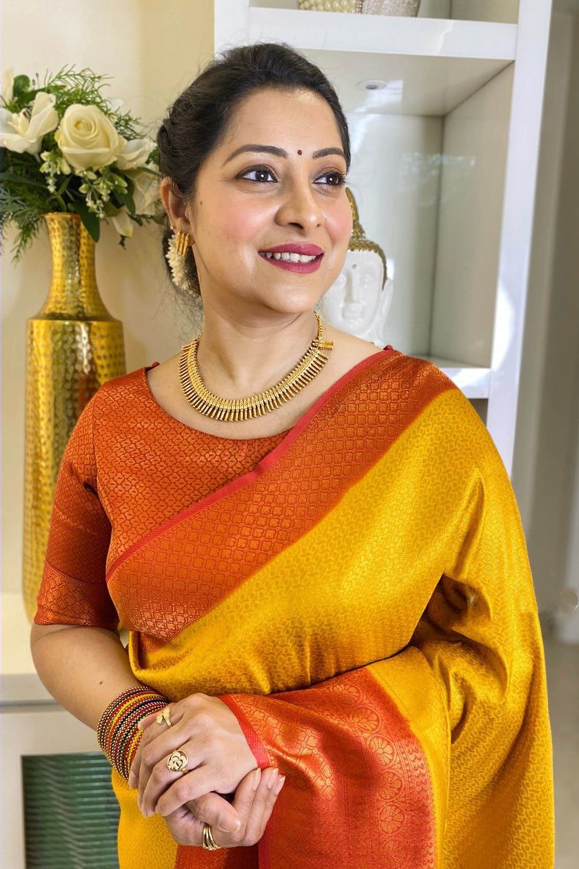 Party Wear Yellow Color Coper Jari Design Silk Saree