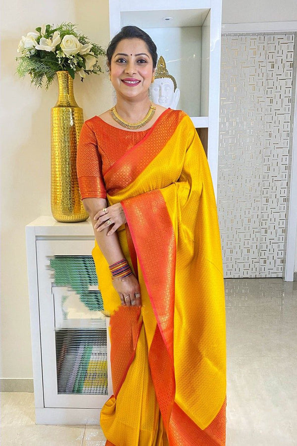Party Wear Yellow Color Coper Jari Design Silk Saree