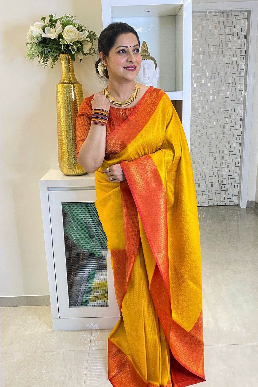 Party Wear Yellow Color Coper Jari Design Silk Saree