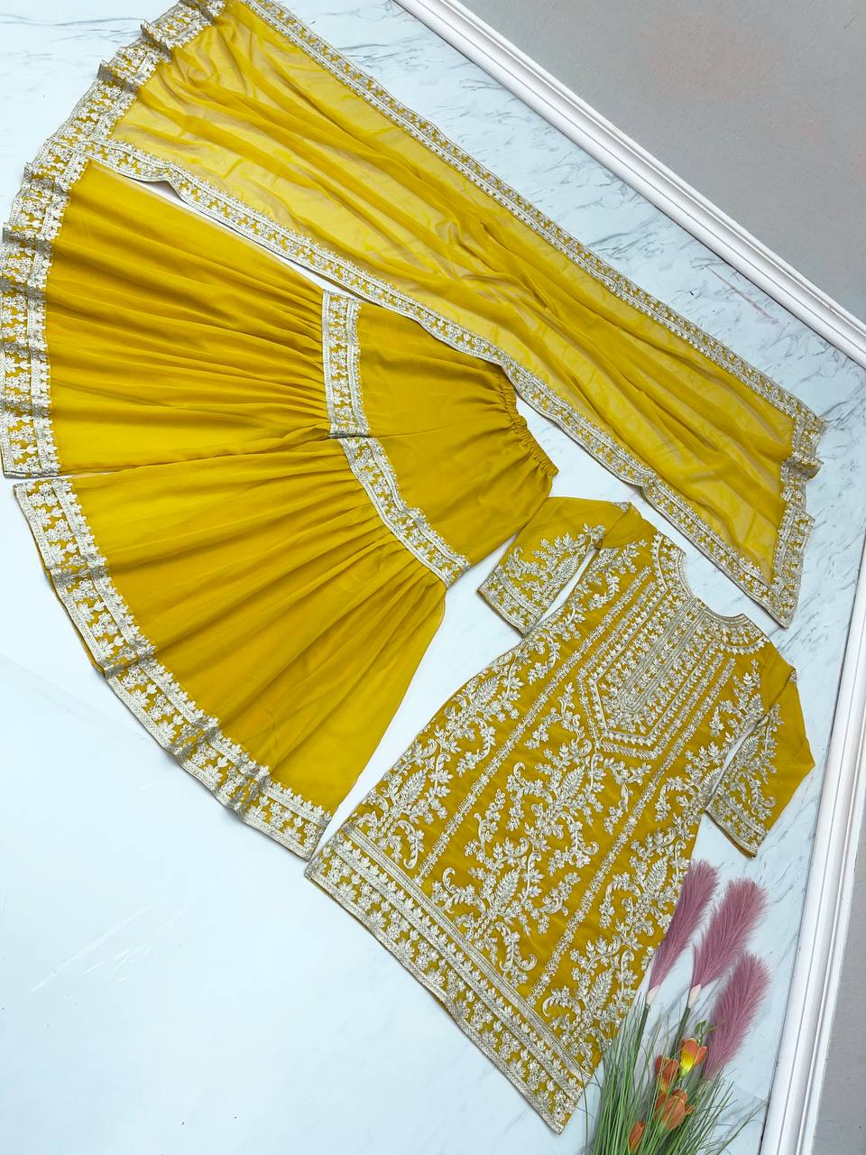 Stylish Yellow Color Embroidery Work Sharara Suit