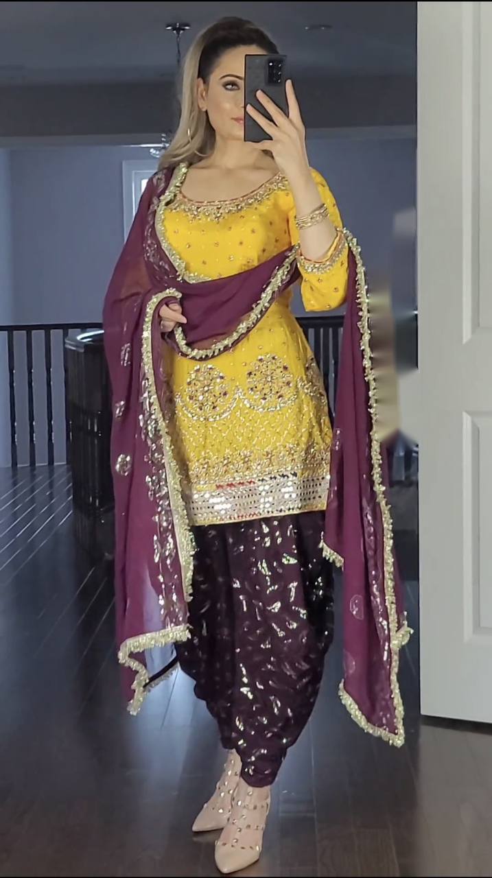 Trendy Yellow And Wine Color Sequence Work Dhoti Suit