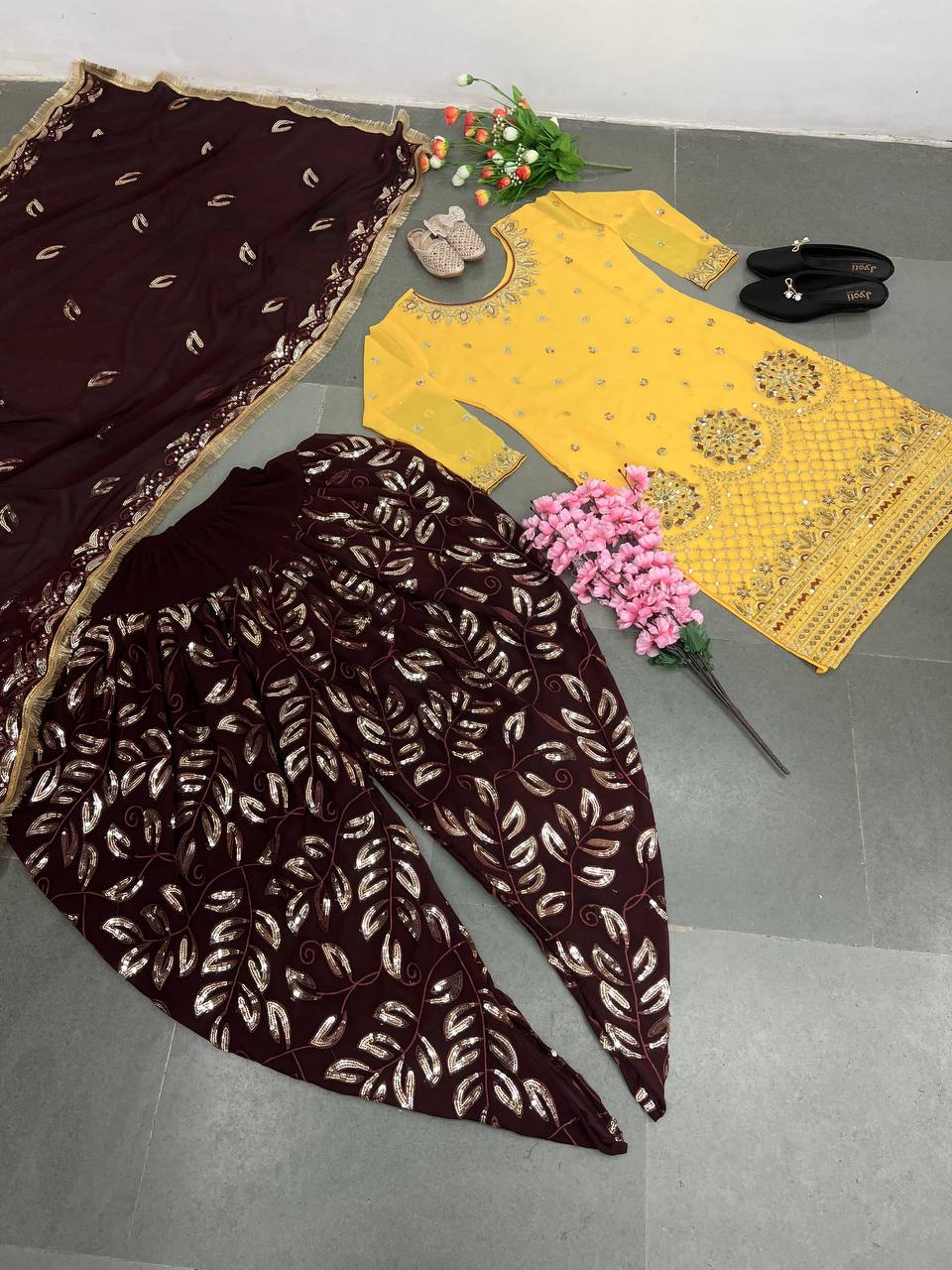 Trendy Yellow And Wine Color Sequence Work Dhoti Suit