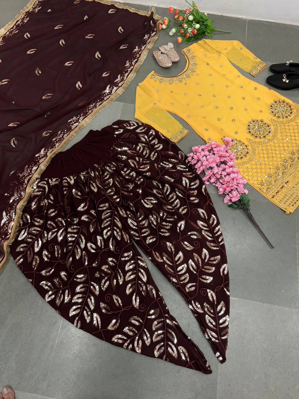 Trendy Yellow And Wine Color Sequence Work Dhoti Suit