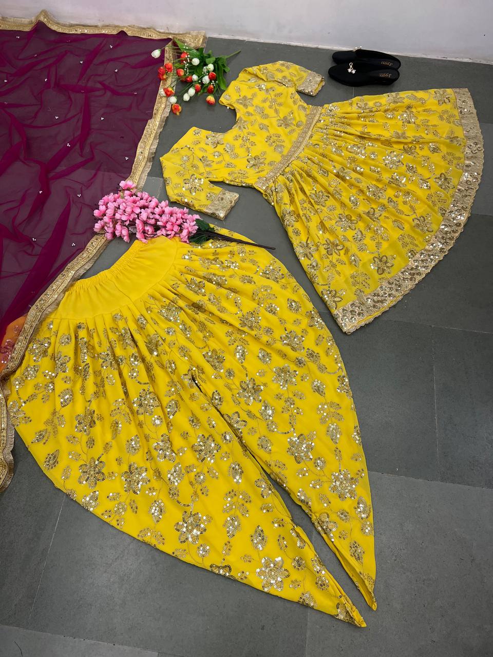 Embellished Yellow Color Sequence Work Dhoti Suit