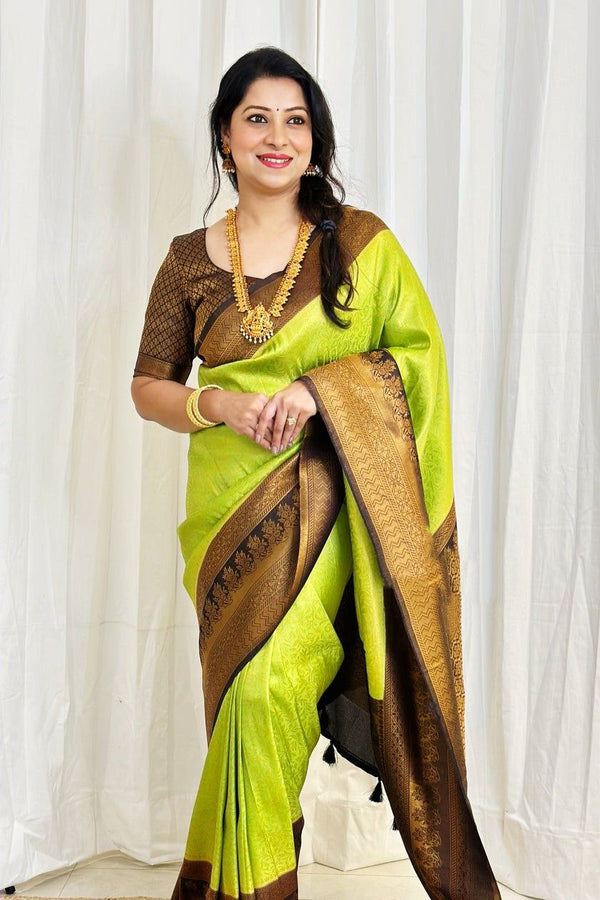 Parrot Green Color Coper Jari Work Soft Silk Saree