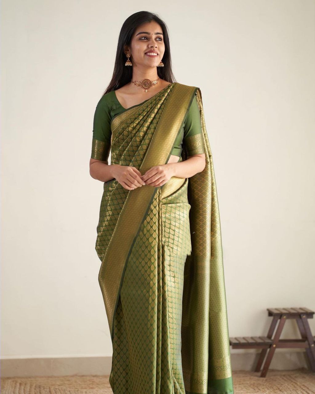 Mehndi Green Color Golden Jari Design Saree