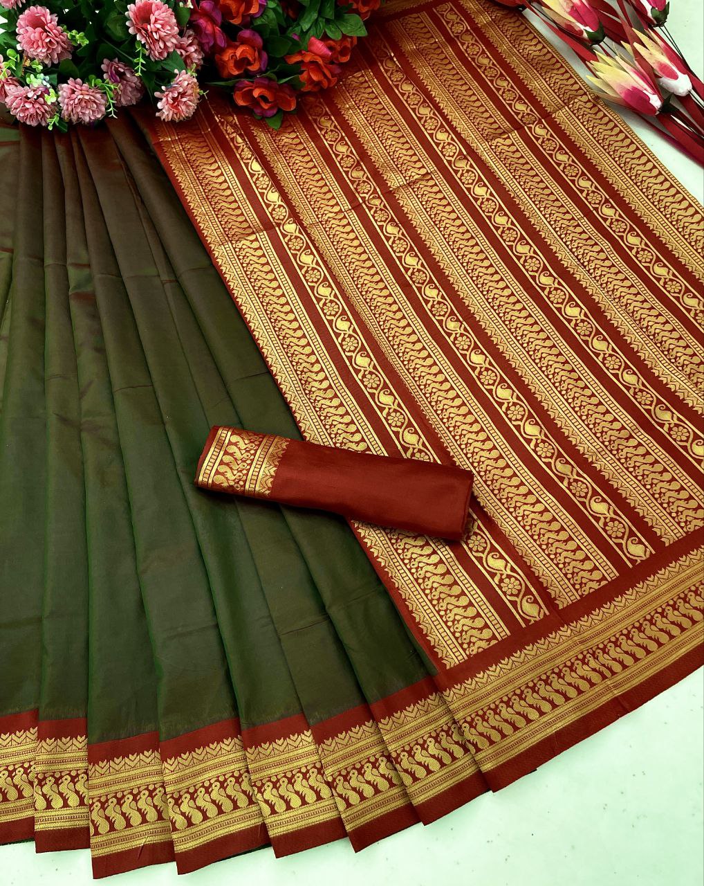 Function Wear Green Color Jacquard Border Saree