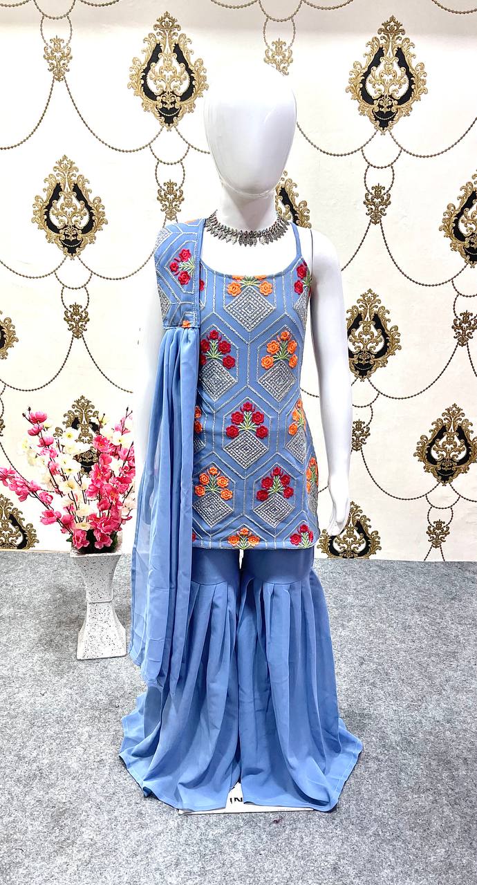 Baby Girl Sky Blue Color Heavy Work Sharara Set