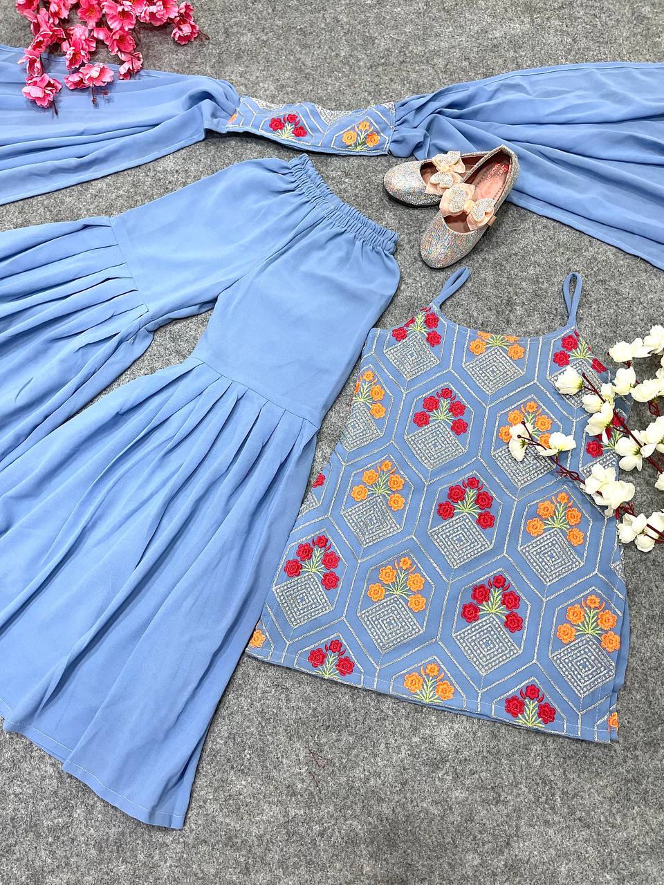 Baby Girl Sky Blue Color Heavy Work Sharara Set