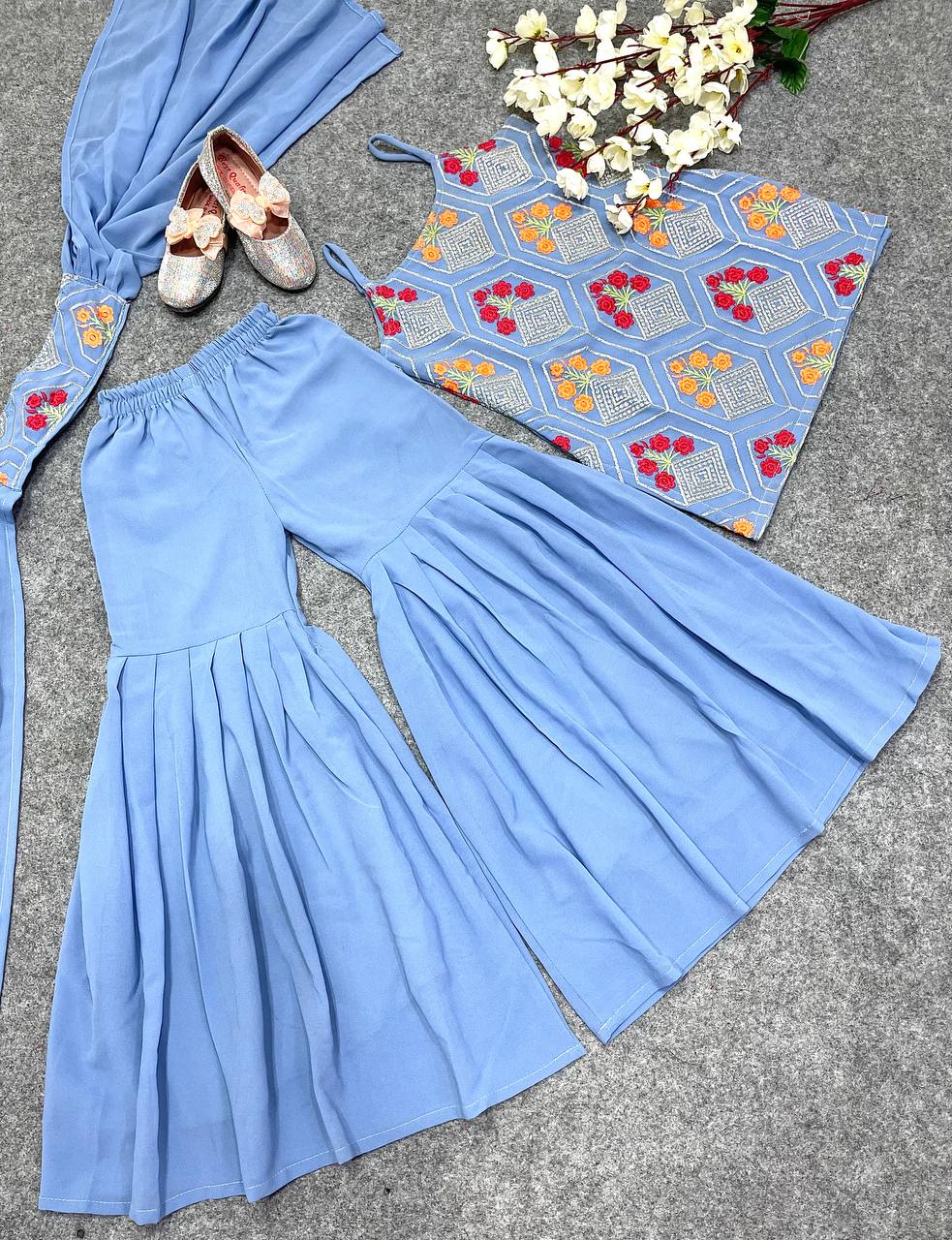 Baby Girl Sky Blue Color Heavy Work Sharara Set