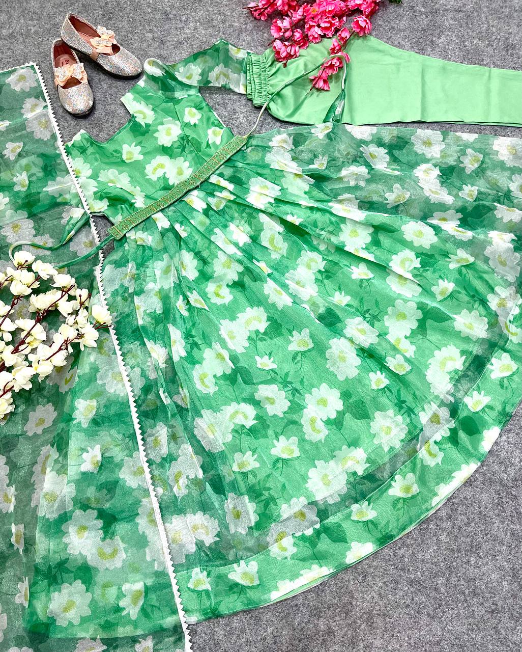 Girls Wear Kids Green Color Organza Silk Gown