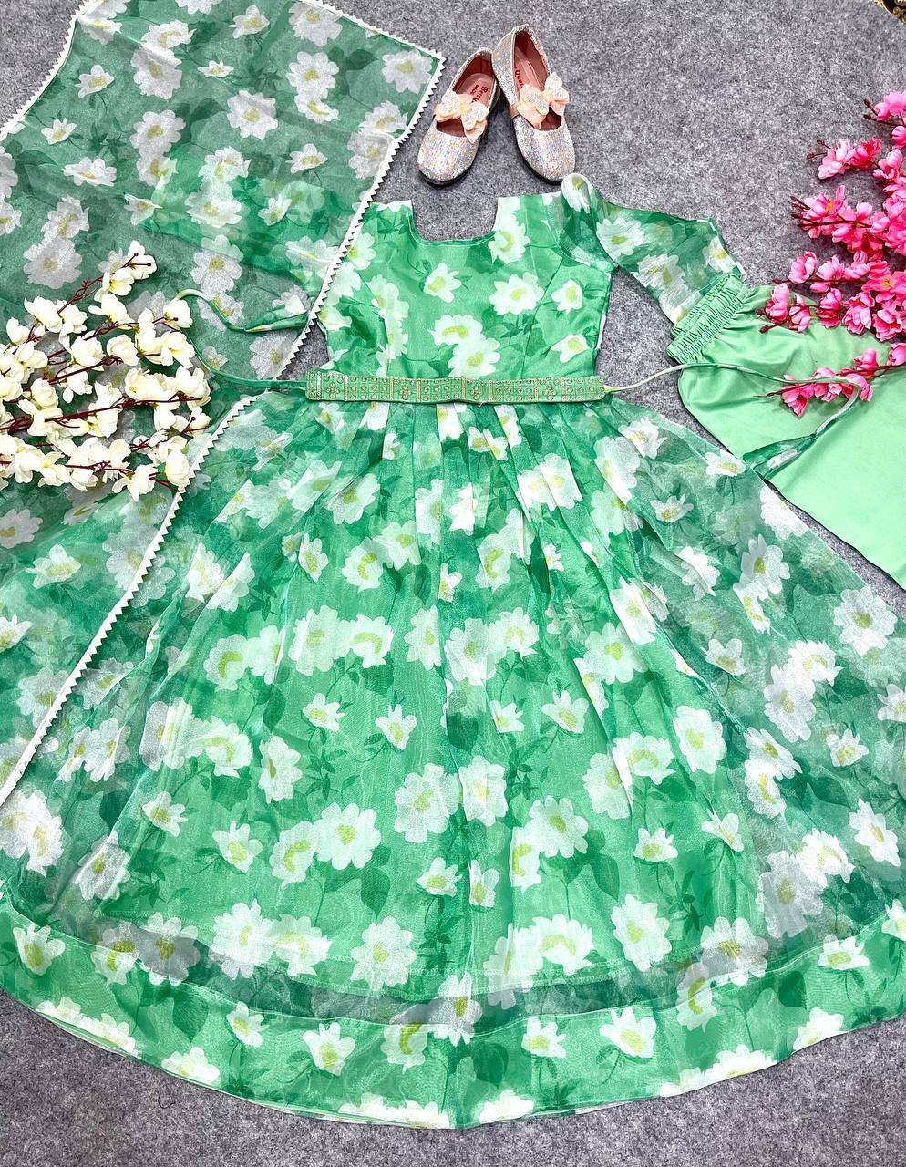 Girls Wear Kids Green Color Organza Silk Gown