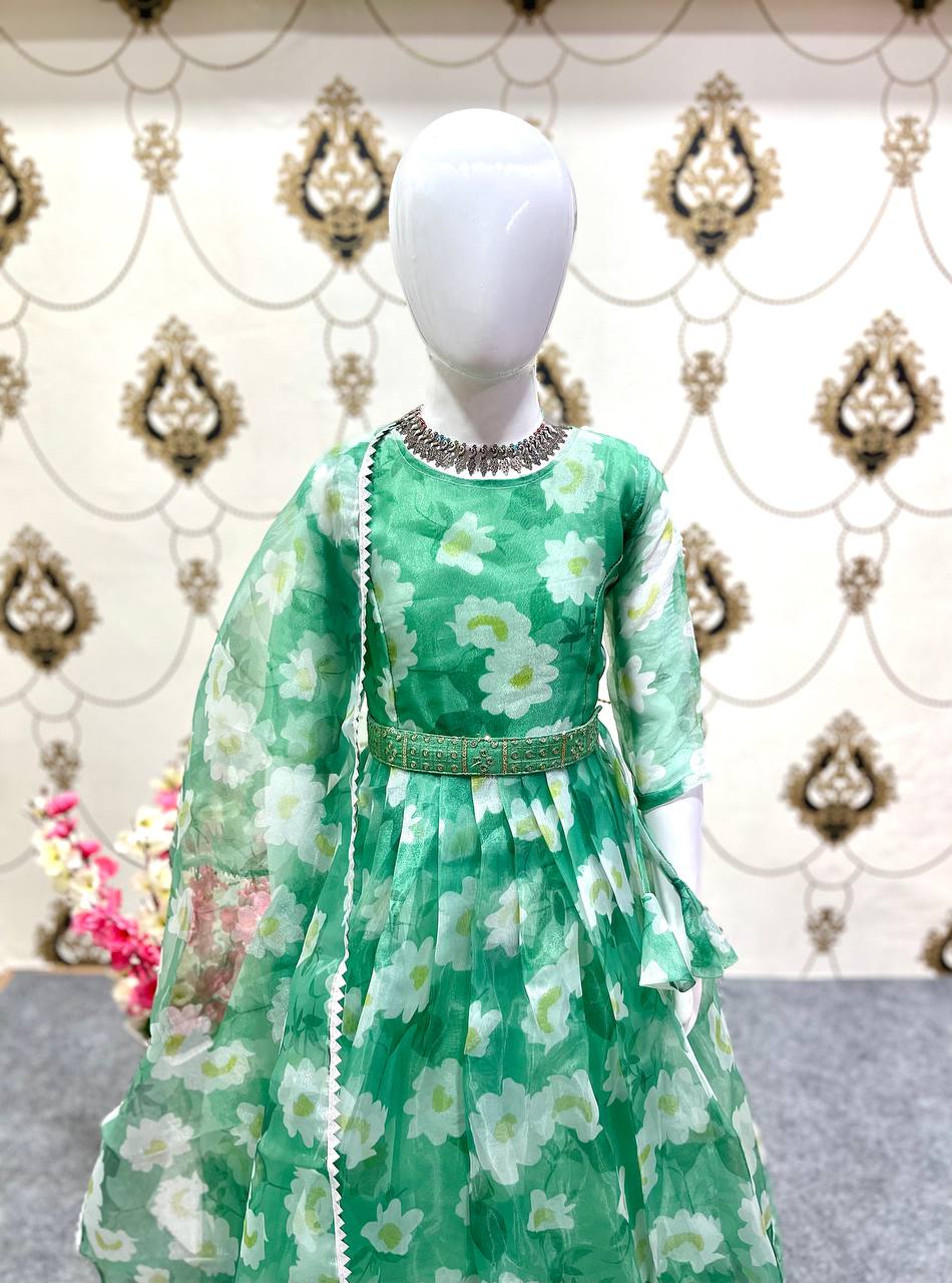 Girls Wear Kids Green Color Organza Silk Gown