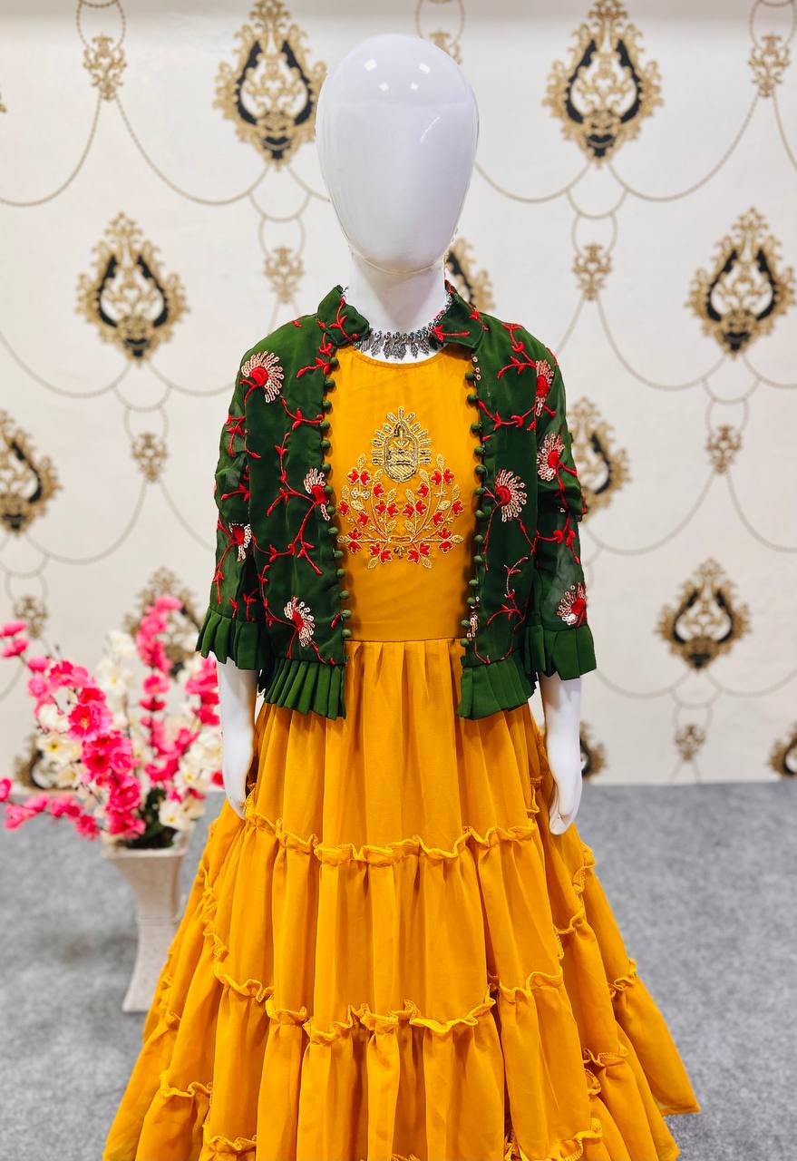 Haldi Function Wear Kids Gown With Jacket