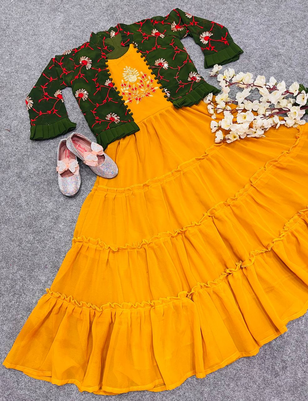 Haldi Function Wear Kids Gown With Jacket