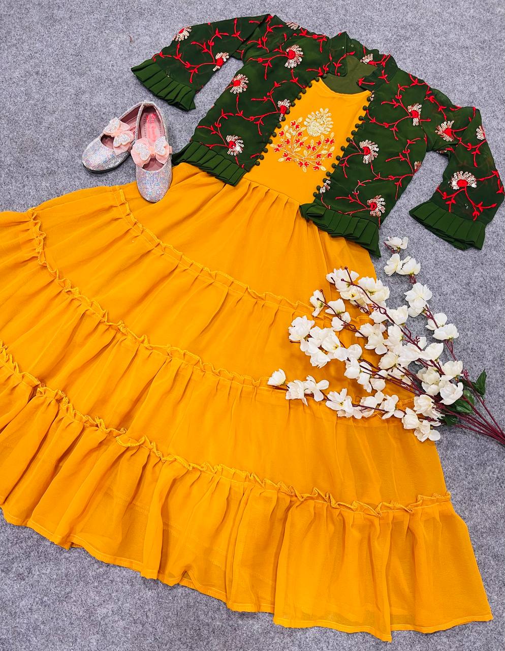 Haldi Function Wear Kids Gown With Jacket