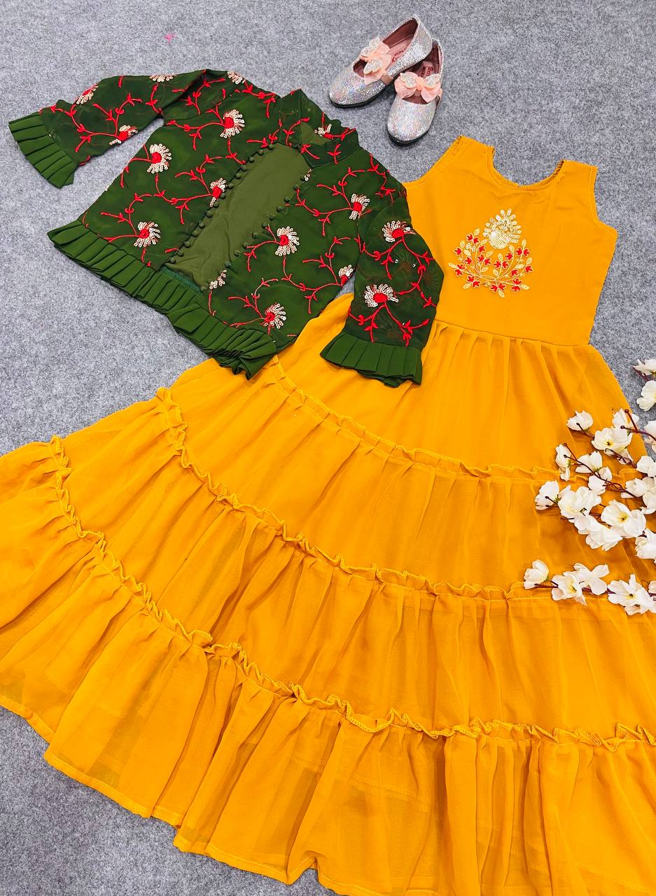 Haldi Function Wear Kids Gown With Jacket