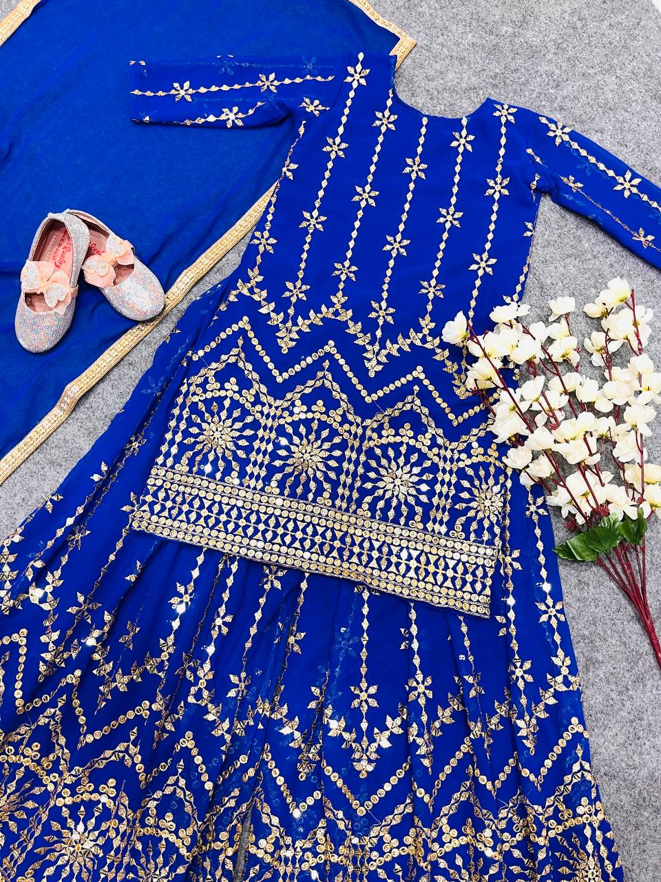 Girls Blue Color Embroidered Sharara Suit Set