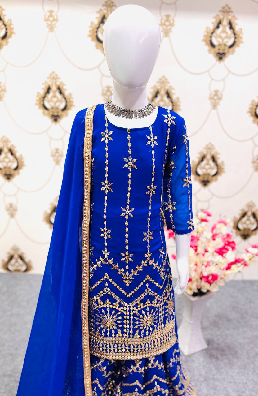 Girls Blue Color Embroidered Sharara Suit Set