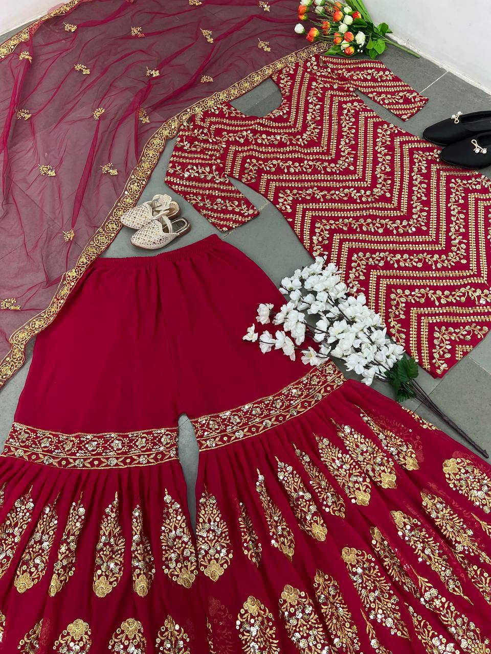 Heavy Sequence Work Dark Red Color Embellished Sharara Suit