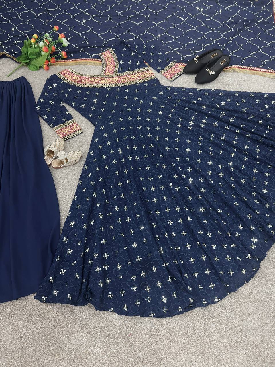 Fabulous Sequence Work Navy Blue Anarkali Top With Palazzo