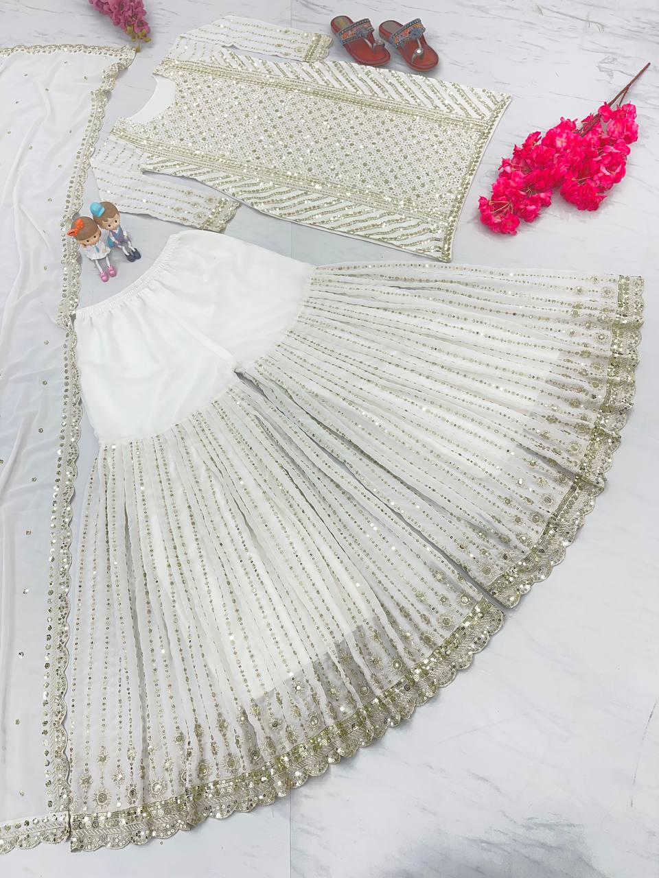 White Color Embellished Sequence Sharara Suit