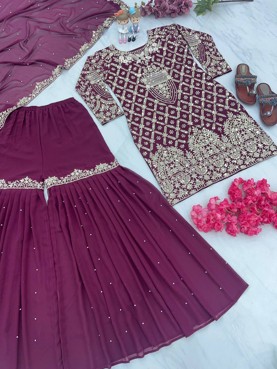 Fabulous Embroidery Sequence Work Wine Color Sharara Suit