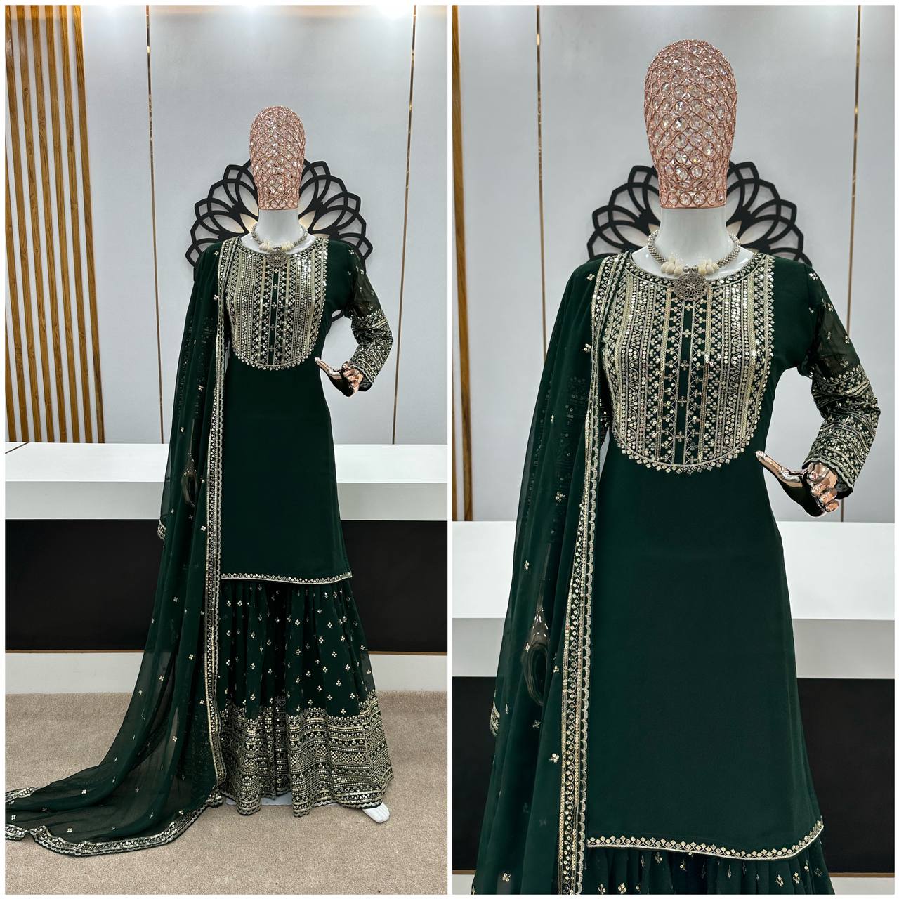 Embellished Dark Green Color Sequence Sharara Suit