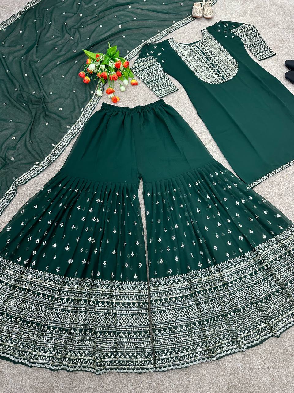 Embellished Dark Green Color Sequence Sharara Suit