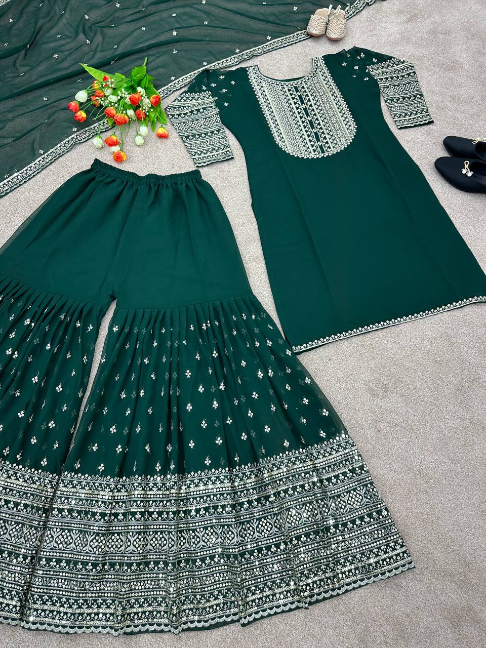 Embellished Dark Green Color Sequence Sharara Suit