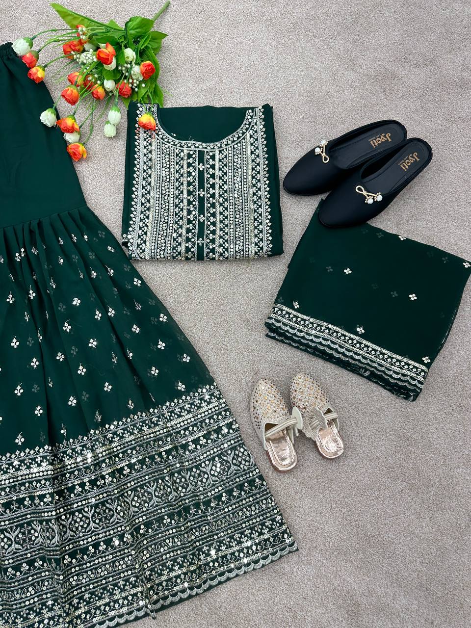 Embellished Dark Green Color Sequence Sharara Suit