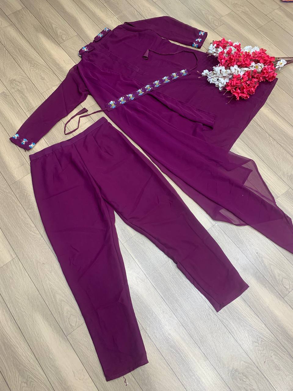 Presenting Wine Color Handwork Top With Pant