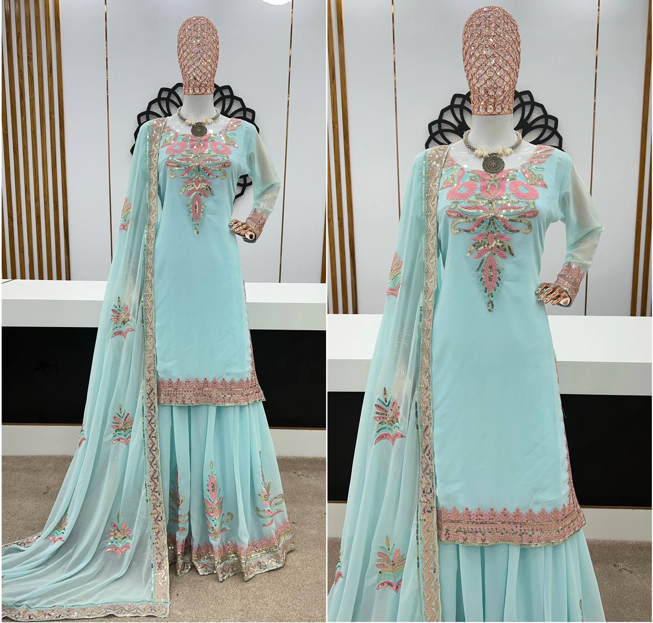 Attractive Sky Blue Color Sequence Work Sharara Suit