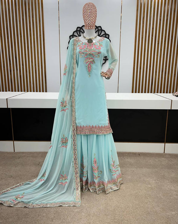 Attractive Sky Blue Color Sequence Work Sharara Suit