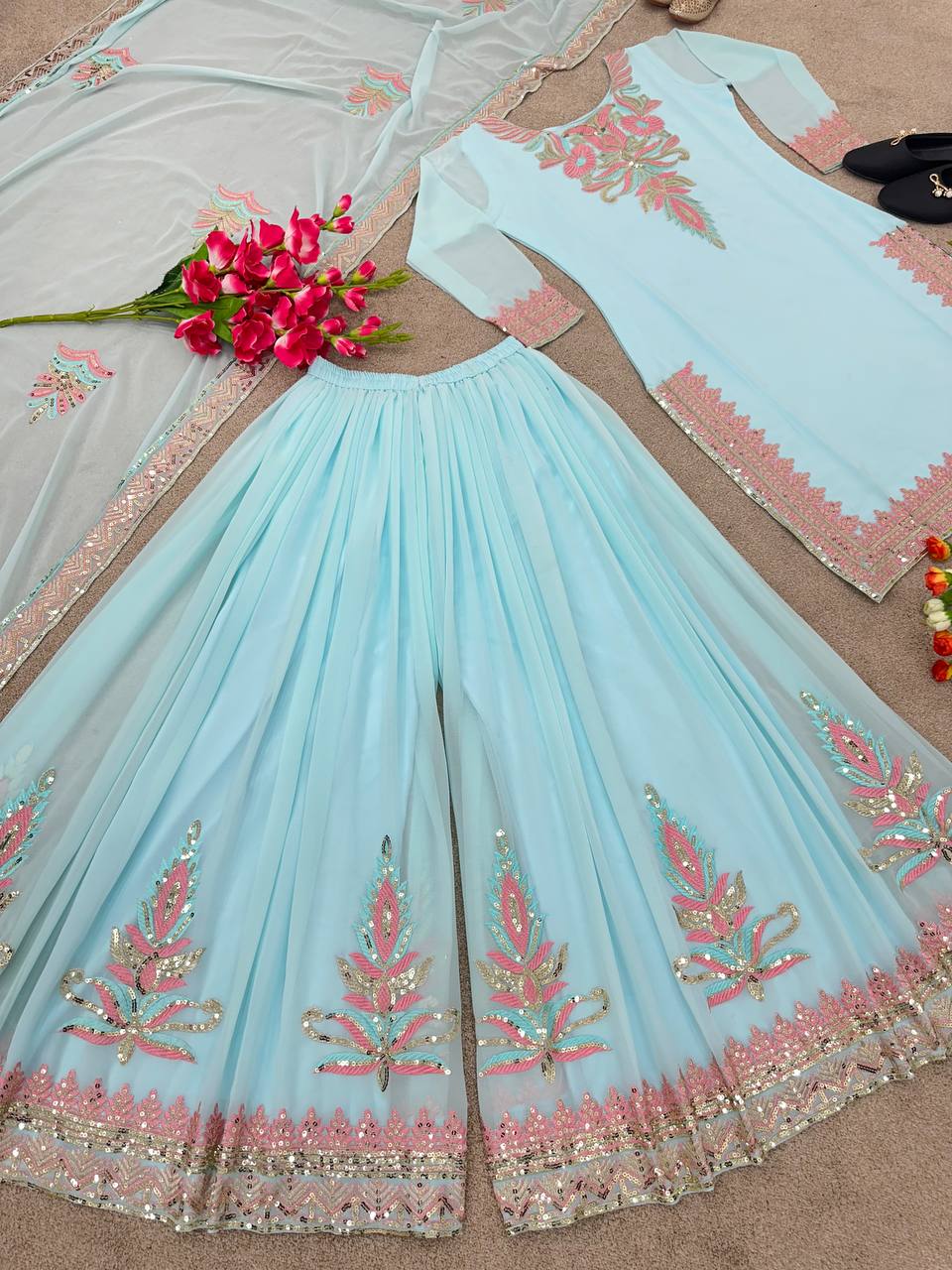 Attractive Sky Blue Color Sequence Work Sharara Suit