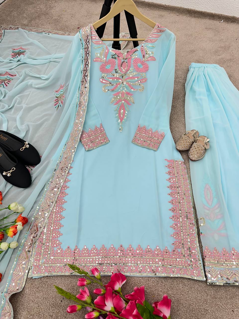 Attractive Sky Blue Color Sequence Work Sharara Suit