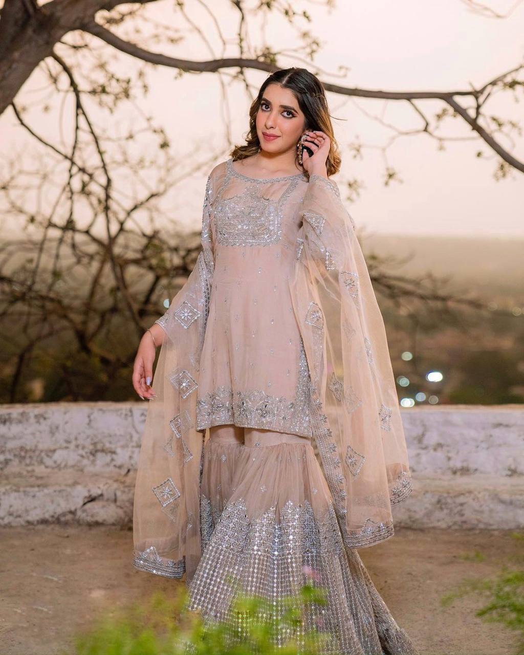 Shining Work Dusty Pink Color Sharara Suit