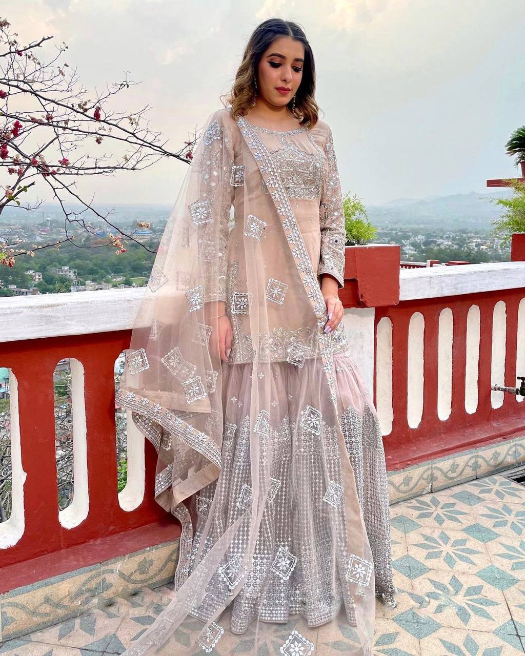 Shining Work Dusty Pink Color Sharara Suit