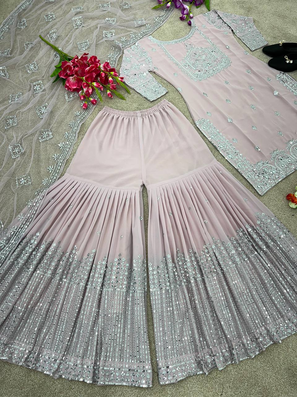 Shining Work Dusty Pink Color Sharara Suit