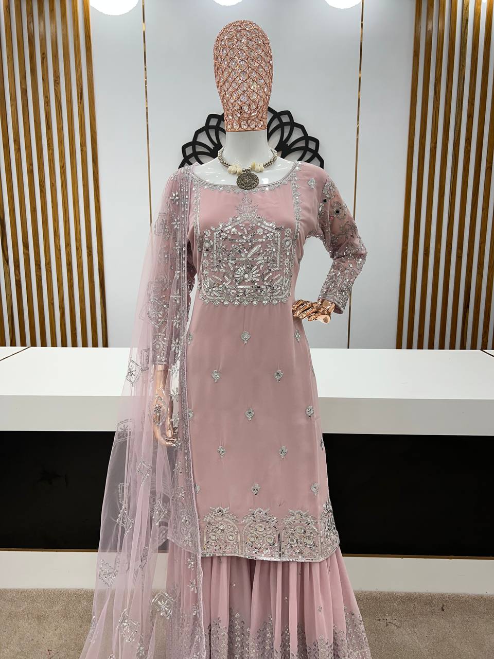 Shining Work Dusty Pink Color Sharara Suit