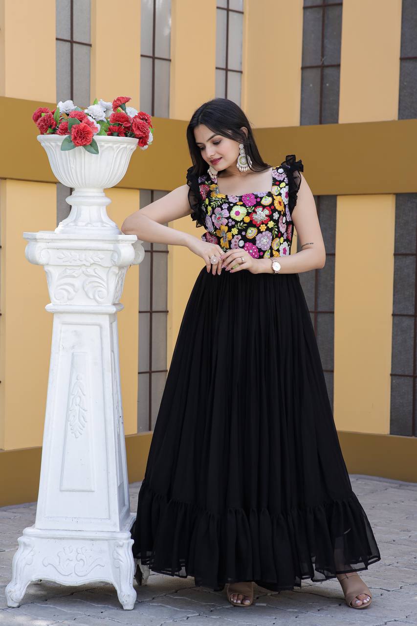 Terrific Black Color Multi Thread Work Gown