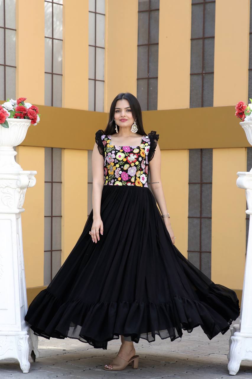 Terrific Black Color Multi Thread Work Gown