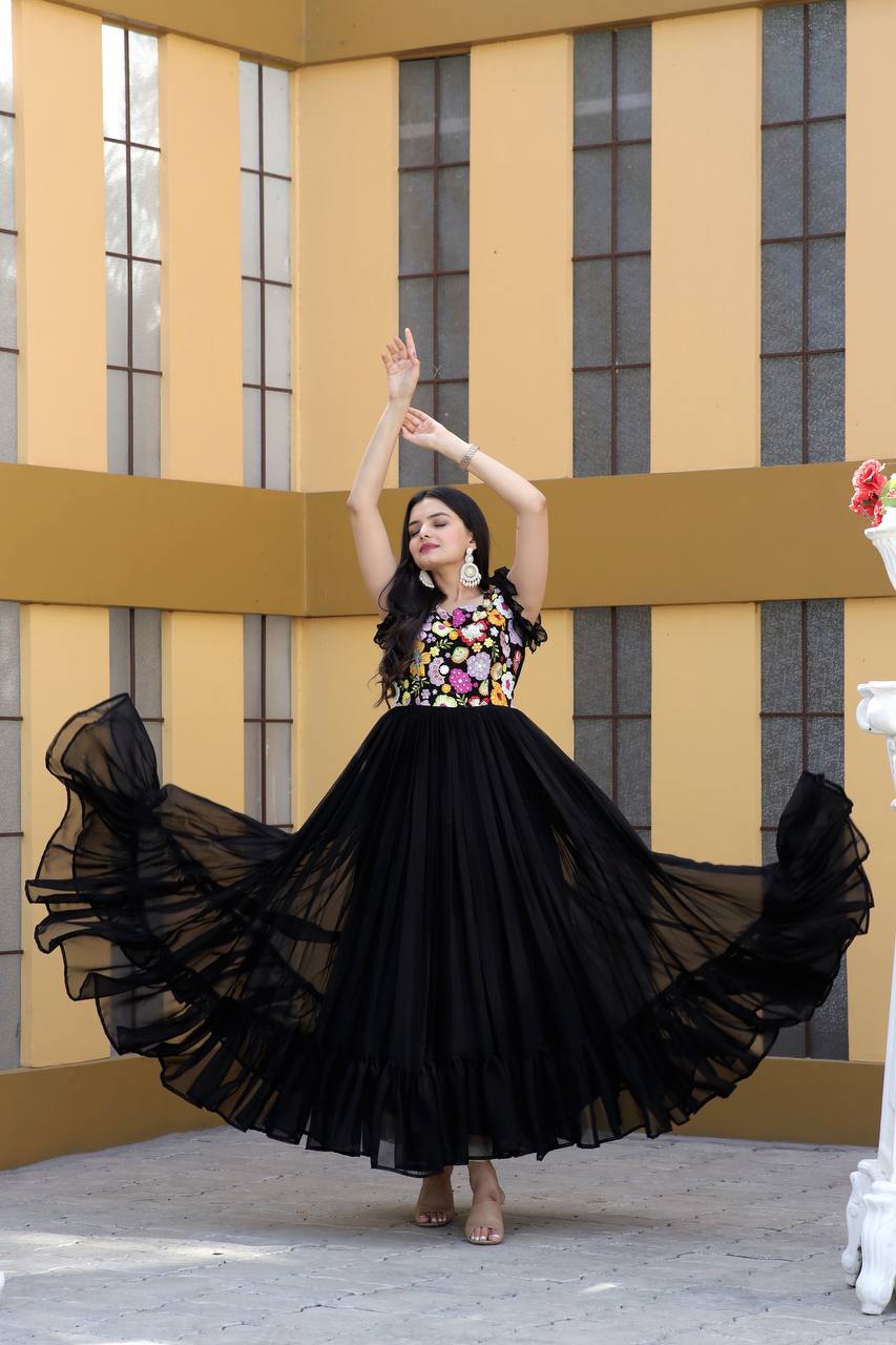 Terrific Black Color Multi Thread Work Gown