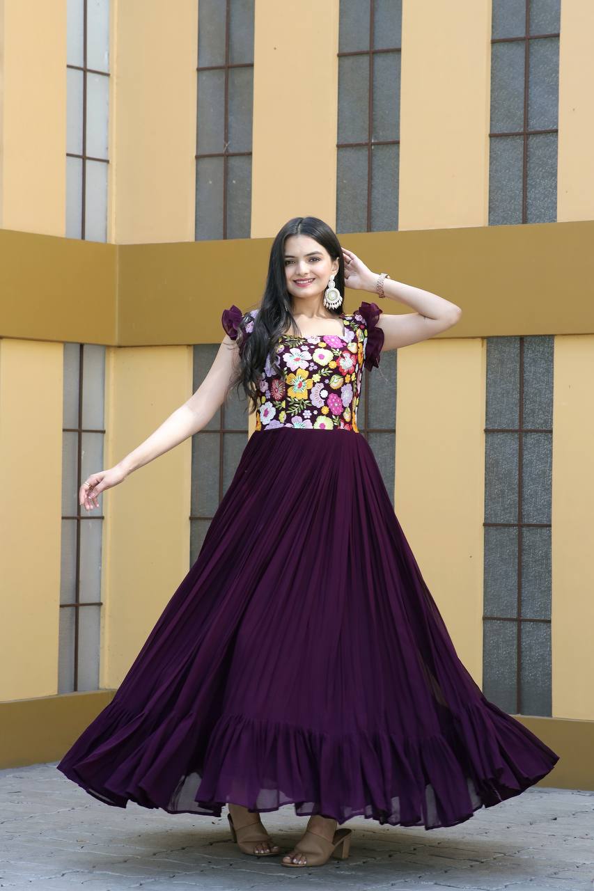 Terrific Wine Color Multi Thread Work Gown