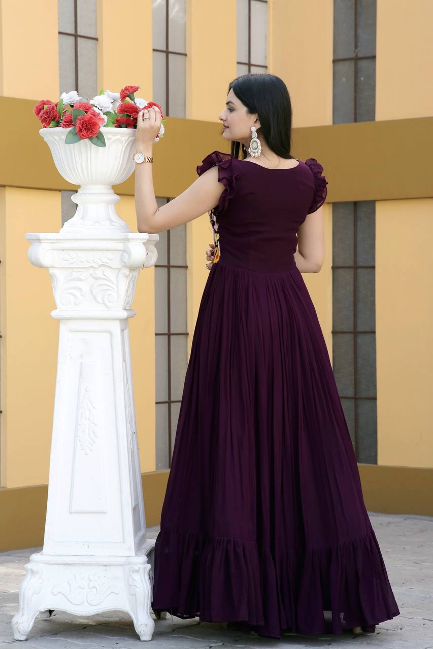 Terrific Wine Color Multi Thread Work Gown