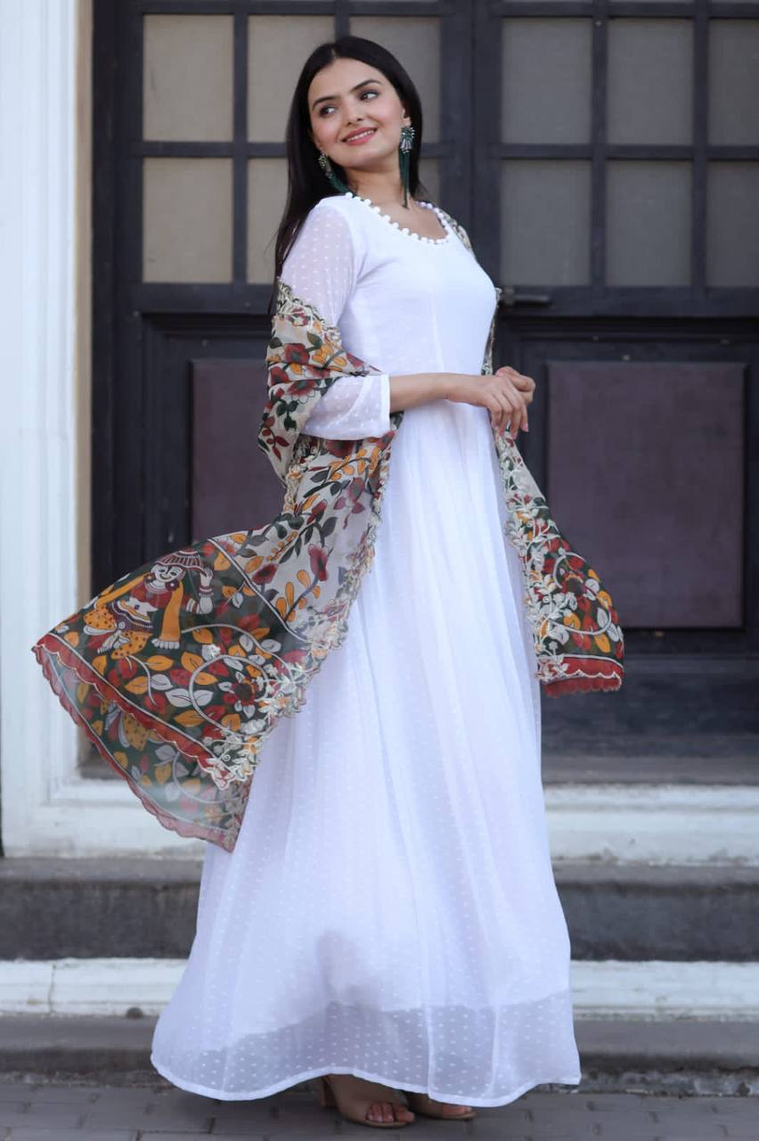 simple dress with organza dupatta Navy Blue Rayon Designer Gown with Organza Dupatta - PrazuFashion