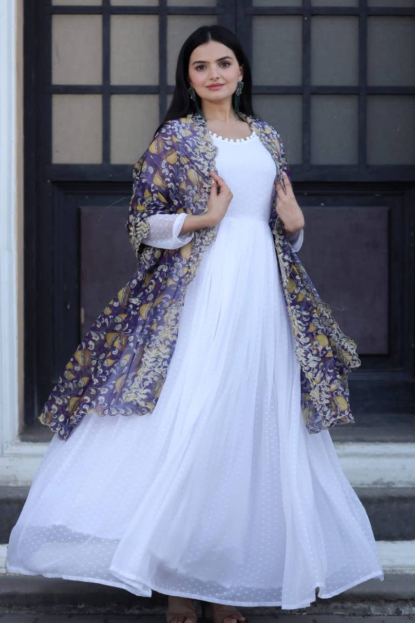 Beautiful Print Organza Purple Color Dupatta With White Gown Vastra Shop Beautiful Print Organza Purple Color Dupatta With White Gown Vastra Shop