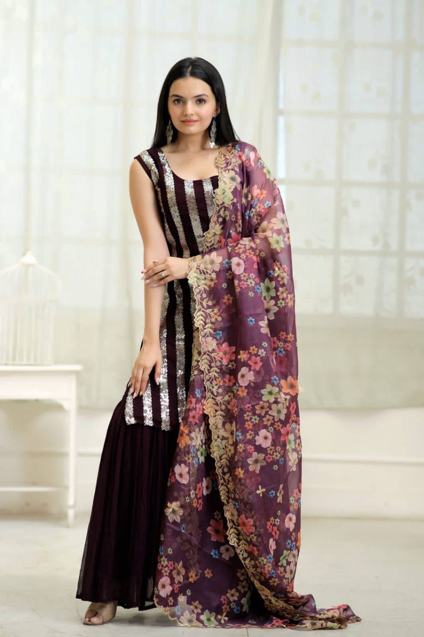 Function Wear Wine Color Sequence Work Sharara Suit