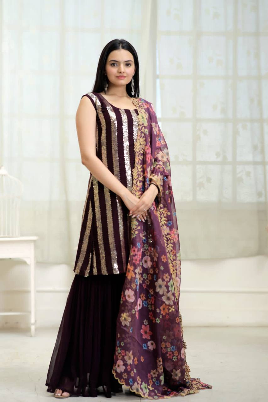 Function Wear Wine Color Sequence Work Sharara Suit